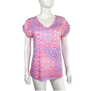 Decree Pink & Purple Southwest Design Rolled Cuff V-Neck Tee